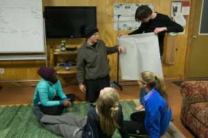 Mitch presents his group's drawing to the other group.
