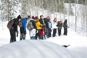 The students pause on the narrow bridge before moving on.