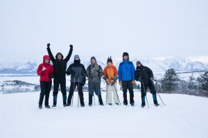 The small group who braved the morning cold to ski up Coyote Rock: Elsa, Josh, Tyler, Dylan, Kristin, Ben and LP.